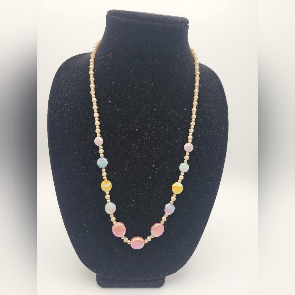 Vintage Multi Color Pastel and Faux Pearl Choker Unmarked Necklace